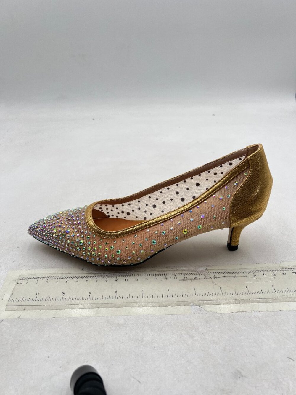 XYD Gold Pointed  Toe Slip On Graceful Mesh Pumps Rhinestone Kitten Heels Shoes